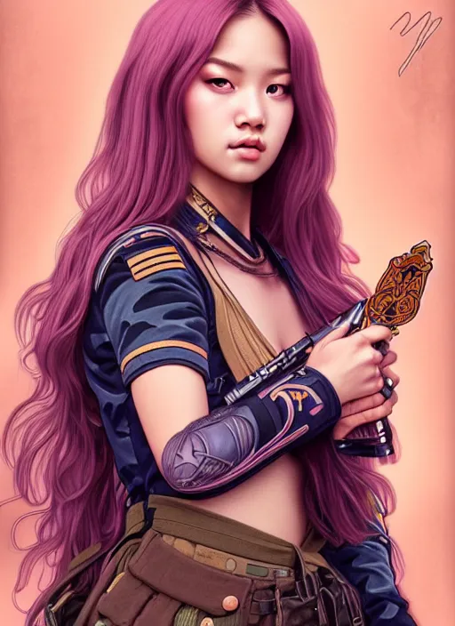 Image similar to jossi of blackpink, female soldier, tarot card, highly detailed, digital painting, smooth, sharp focus, illustration, ultra realistic, 8 k, art by artgerm and alphonse mucha