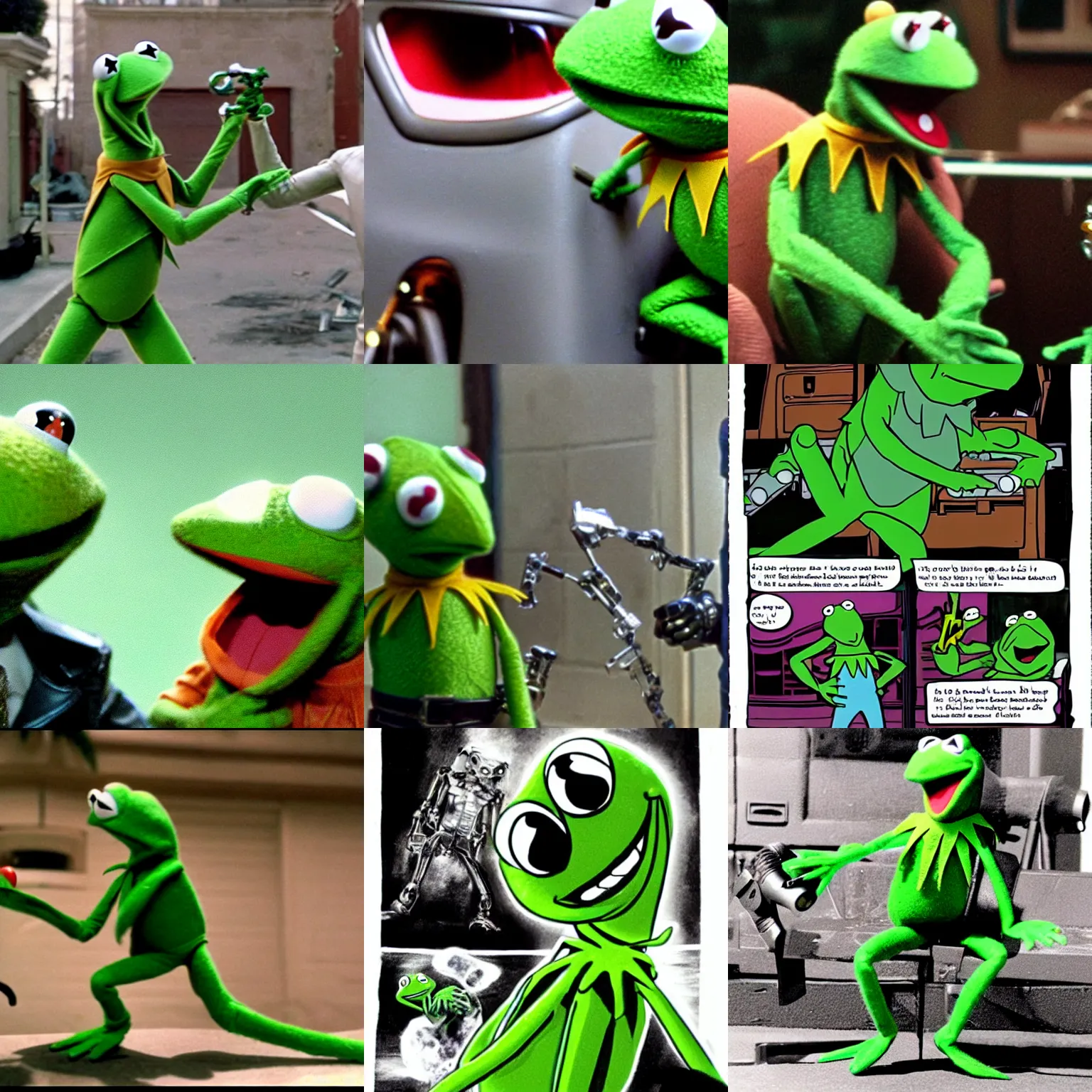 Prompt: Kermit the frog fighting the Terminator, style film
