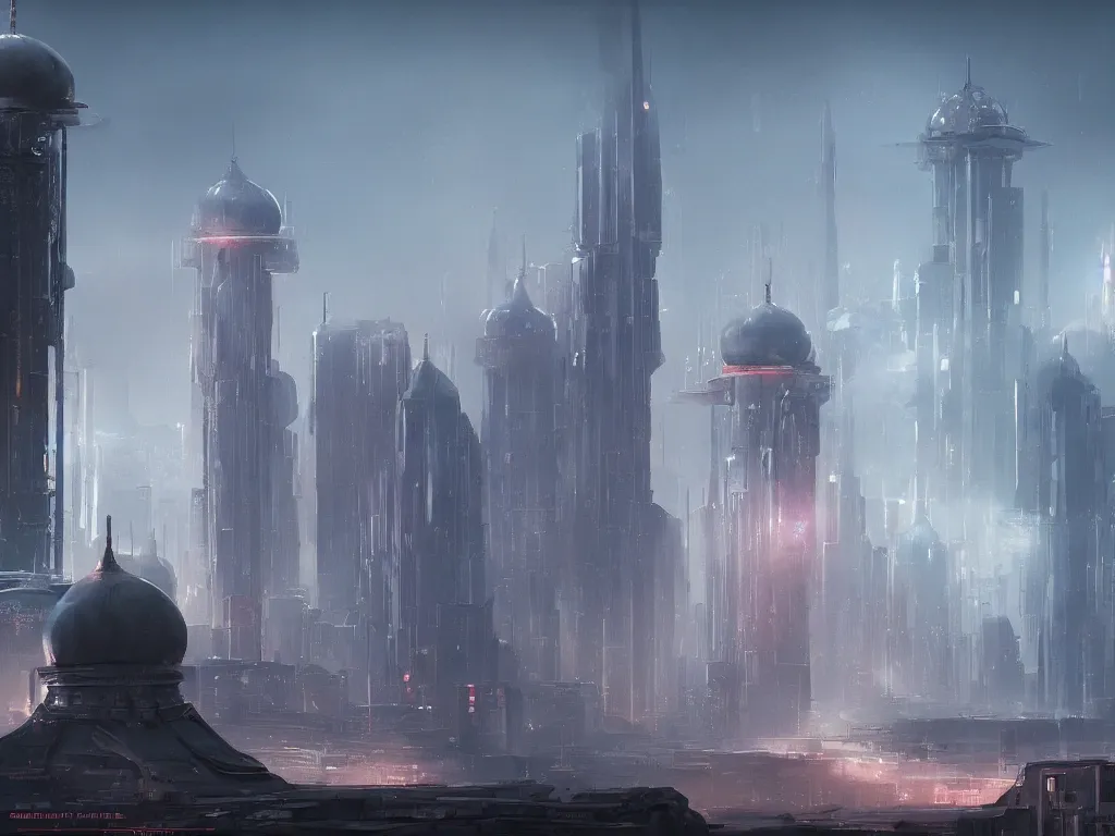 Prompt: nacreous opalescence of the imperial russian cyberpunk citadel, black domes and radio spires and tall soviet tower blocks, featured on artstation beautiful concept art