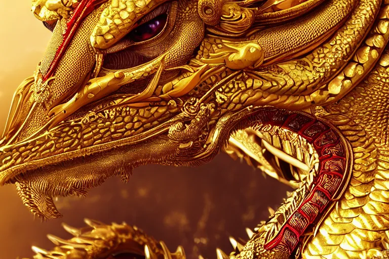 Image similar to cinematic closeup portrait of a golden dragon intricately decorated with colorful jewels, bokeh, sand dunes, detailed textures, dramatic lighting, unreal engine, cgsociety, artstation, 4k