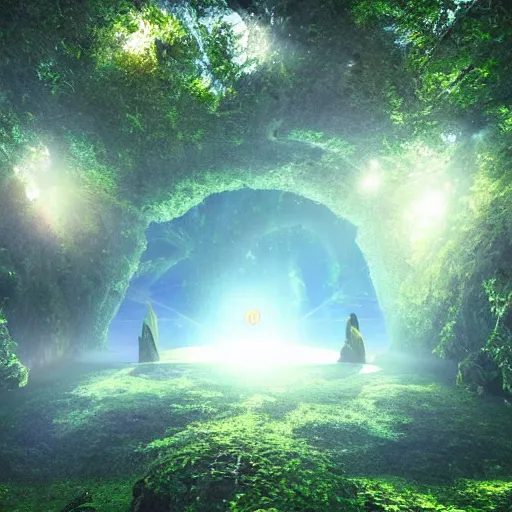 Image similar to active stargate to another dimension inside a beautiful tree in a densely overgrown jungle, fantasy, dreamlike sunrise volumetric lighting, ultra realistic, atmospheric, stopped in time, epic