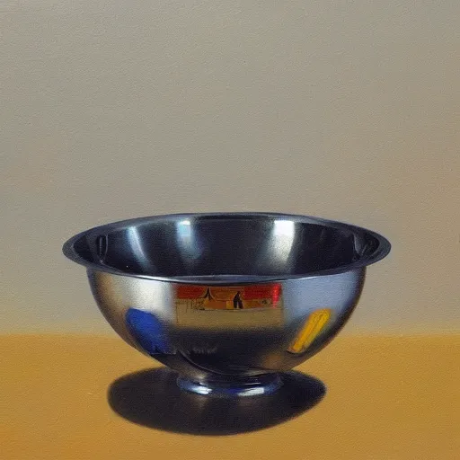 Image similar to a robot soup bowl, oil painting, pale colors, high detail, 8 k, wide angle, trending on artstation,