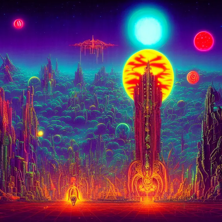 Image similar to mysterious astral city at night, glowing orbs, infinite sky, synthwave, bright neon colors, highly detailed, cinematic, tim white, philippe druillet, roger dean, ernst haeckel, lisa frank, michael whelan, kubrick, kimura, isono