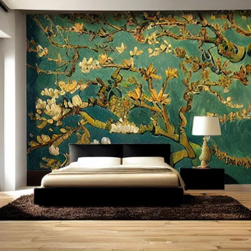 Image similar to a cozy bedroom interior with wall murals painted by van gogh, detailed, high resolution, wow!, intricate