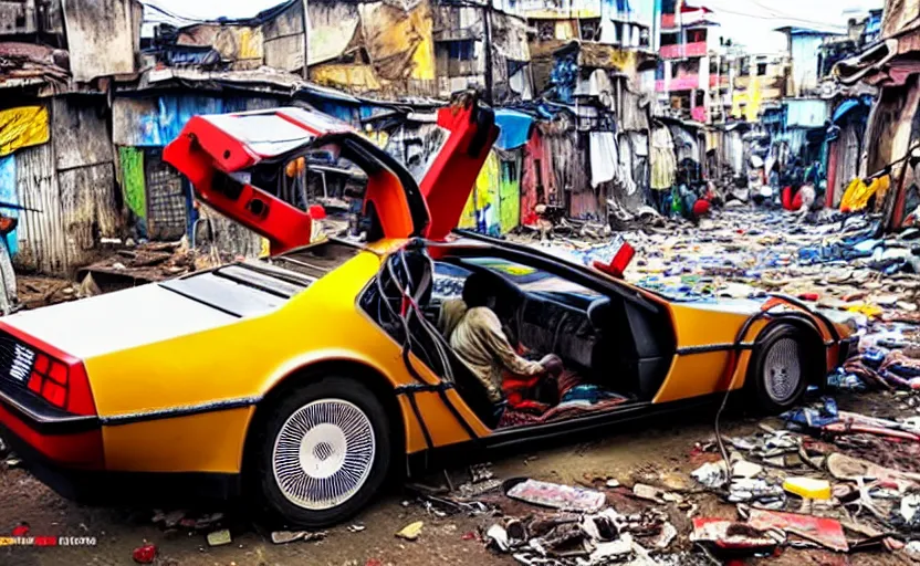 Image similar to a red and yellow delorean in ajegunle slums of lagos - nigeria, magazine collage, masterpiece,