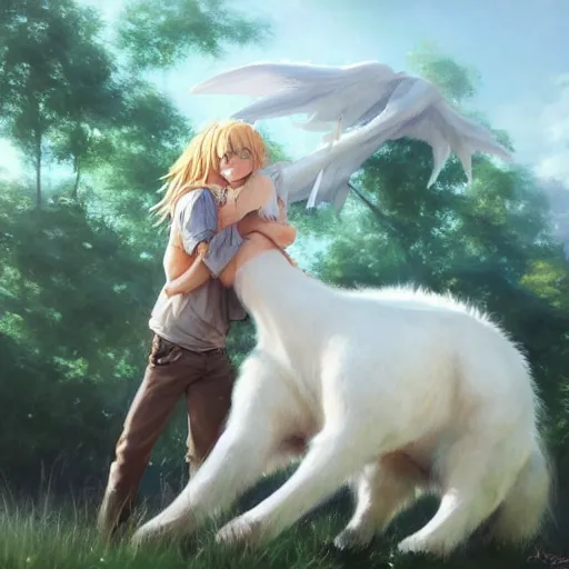 Image similar to a person hugging a large white animal, a detailed painting by krenz cushart, pixiv contest winner, fantasy art, official art, detailed painting, pixiv. highly detailed. 4 k masterpiece.