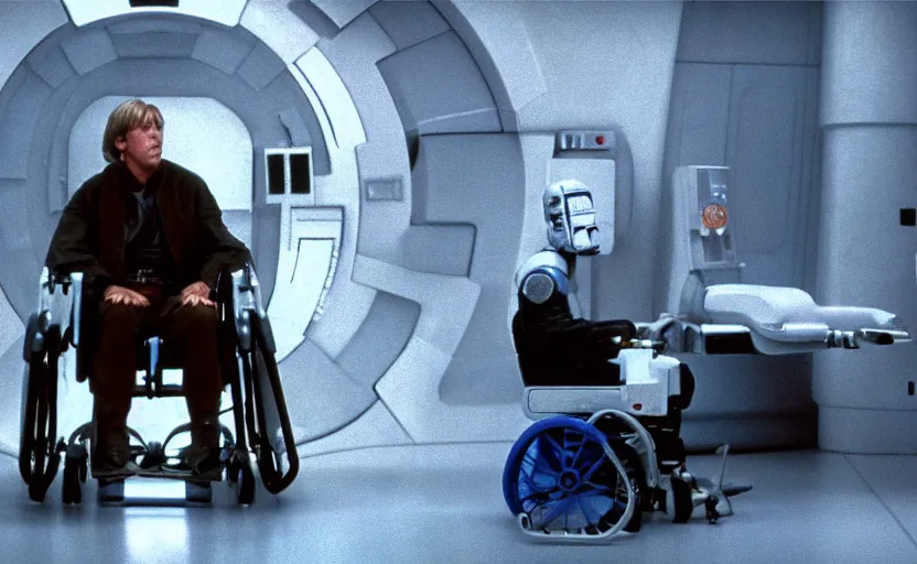 Prompt: cinematic still image screenshot portrait luke skywalker in cybernetic wheel chair talking to a lonely medical droid, from the tv show on disney + anamorphic lens, photo 3 5 mm film kodak from empire strikes back crisp 4 k imax, beautiful image, window into space behind them