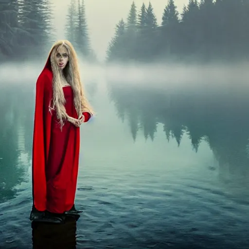 Image similar to a stunning painting of a beautiful lady with white long hair and dressed with a red victorian cloak, standing in a lake, mist, morning light, dreamy atmosphere, cinematic