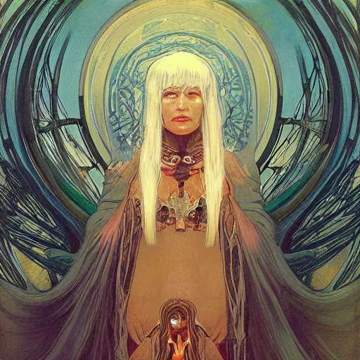 Image similar to portrait of small, rubbery, huge-eyed, big-lipped albino mutant priestess with elaborate white hair; Dune concept art by Anato Finnstark, Alphonse Mucha, Beksinski, and Studio Ghibli