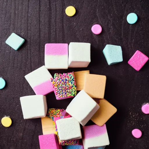 Image similar to photograph of a delicious marshmallow cube with sprinkles on a dark wooden chopping board, pastel colours, hessian cloth, styled food photography, photorealistic, 4 k, canon 1 d, bohek