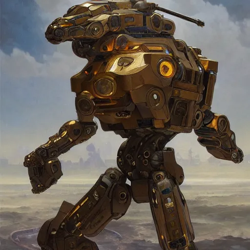 Image similar to epic painting of a realistic four - legged intricate battle robot, rule of thirds, golden ratio, subject in center of frame, trending on artstation, detailed science fiction matte painting by artgerm and greg rutkowski and alphonse mucha,
