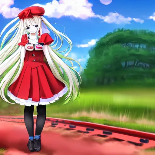 Prompt: a cute anime girl with long white hair and a round hat wearing a black and white school uniform with a red ribbon standing on the edge of a moving train in the middle of grass fields on a windy and sunny day, art by rimuu, art by fuzichoco, art by ayamy