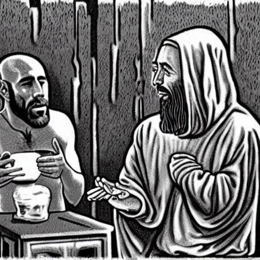 Prompt: insane famous photography of joe rogan talking to lord jesus christ over a bag of weed.
