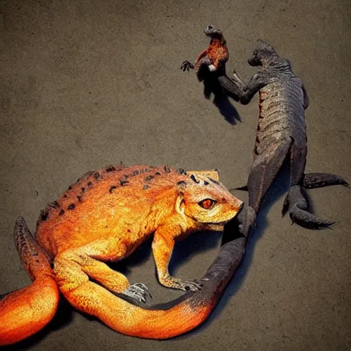 Image similar to a large human cross lizard eating a small fox, digital art, artstation, realistic, hyperreal, high quality
