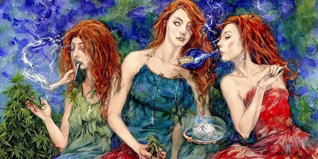 Prompt: a painting, style of lois royo, gerald brom, mother and her very young daughter, smoking a bowl of hash together in blue and green dresses, from a huge red glass bong, sitting in a field of cannabis