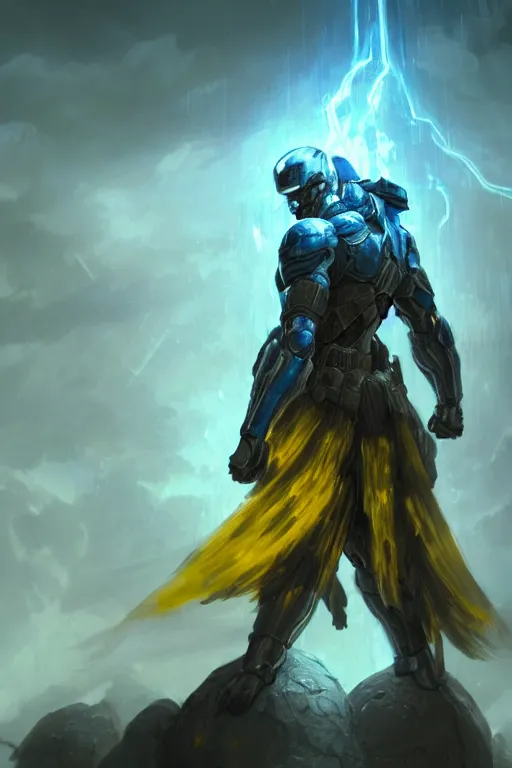 Prompt: a distant shot of a single super soldier with blue and yellow flag and standing alone on a huge pile of human skulls as a winner, masculine figure, D&D, fantasy, volumetric lights, beam of bright light through the clouds, intricate, elegant, highly detailed, extremely detailed, digital painting, artstation, concept art, matte, smooth, sharp focus, hyper realistic, illustration, art by Artgerm and Greg Rutkowski and Alphonse Mucha