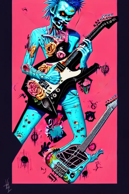 Image similar to risograph of a punk zombie playing guitar, tristan eaton, victo ngai, artgerm, rhads, ross draws, intricated details