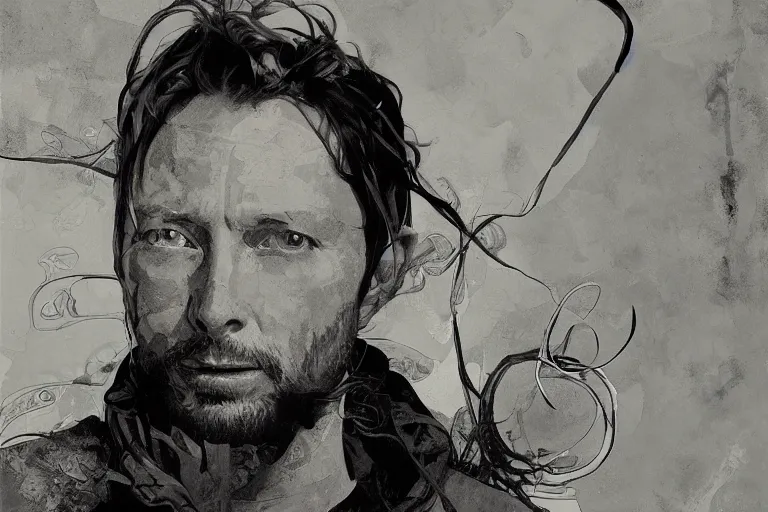 Image similar to hyper realistic portrait of thom yorke singer songwriter, side, liminal space, by lee bermejo, alphonse mucha and greg rutkowski