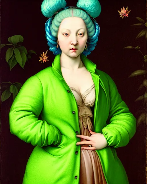 Image similar to portrait of a pale curvy woman with blue hair buns, wearing a neon green puffer jacket, standing in a botanical garden, intricate details, high detail, in a high renaissance style, in the style of jacopo da pontormo, by mark ryden, punk, asian art,