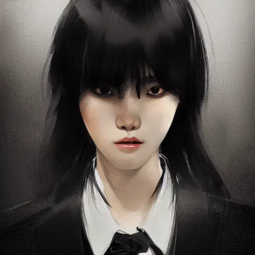 Image similar to portrait of a beautiful korean girl wearing a men's tuxedo, with bangs, very long hair and bangs, angular features, angry expression, dramatic lighting, illustration by Greg rutkowski, yoji shinkawa, 4k, digital art, concept art, trending on artstation