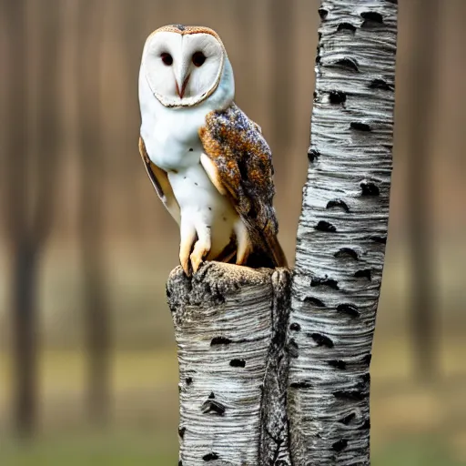 Prompt: ”A barn owl sitting on a Nike shoe standing on a birch stump, 4K, Sigma 55”