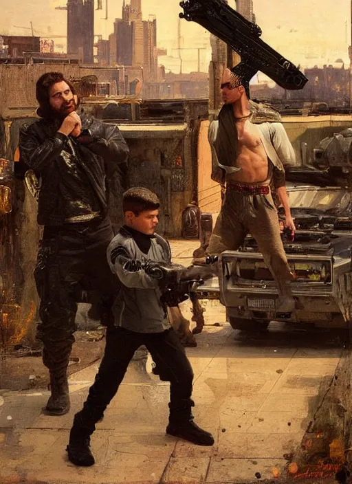 Image similar to big mike in a fight with little alex. cyberpunk meathead wearing a military vest and combat gear fighting small hacker. (Cyberpunk 2077, bladerunner 2049). Iranian orientalist portrait by john william waterhouse and Edwin Longsden Long and Theodore Ralli and Nasreddine Dinet, oil on canvas. Cinematic, hyper realism, realistic proportions, dramatic lighting, high detail 4k