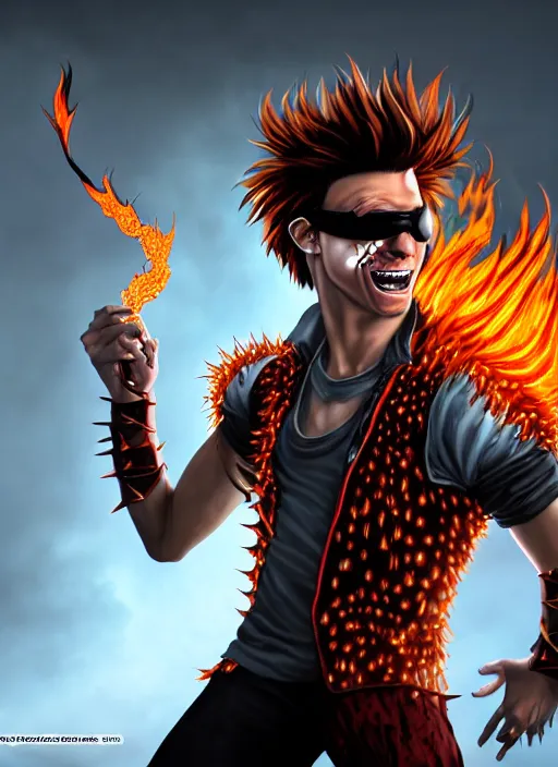 Image similar to An epic fantasy comic book style portrait painting of young man with red spiked long hair, using an orange lens googles. Wearing white shirt, a black waistcoat, brown pants and black boots. He is throwing a wild fire blast from his hands, with a vicious smile in face. Unreal 5, DAZ, hyperrealistic, octane render, cosplay, RPG portrait, dynamic lighting