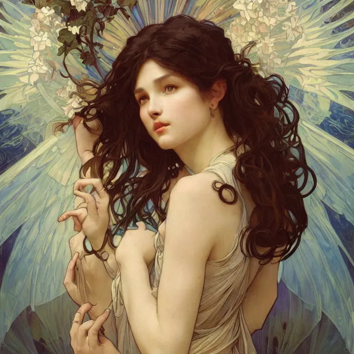 Image similar to a beautiful painting of a beautiful angel by ross tran!! and alphonse mucha and greg rutkowski! and gustav dore! and artgerm!!, in style of digital art illustration. symmetry. highly detailed face. fantasy, smooth, hyper detailed, sharp focus, soft light. trending on artstation. 4 k