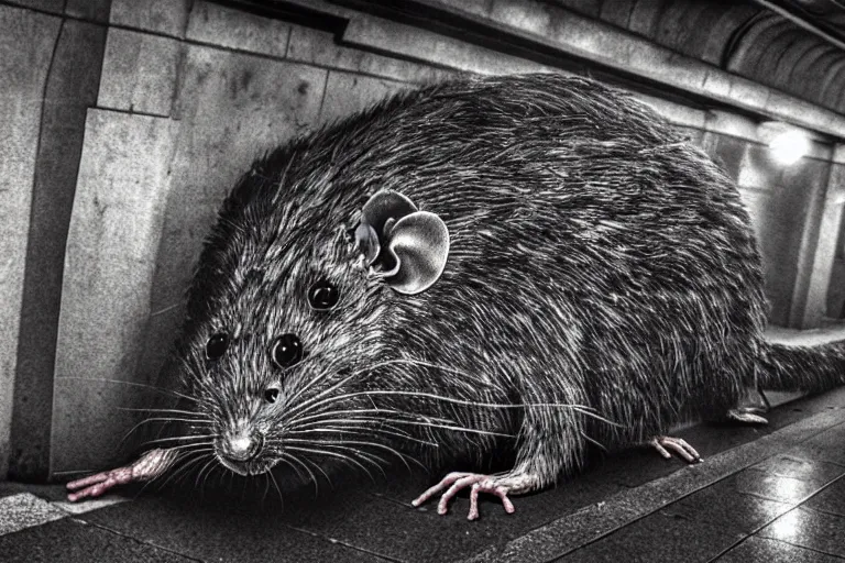 Image similar to very large giant mutant zombie irradiated angry rat staying on railways in tonnel of moscow subway. extreme high detail, very realistic. low dark light, scary mood. giger