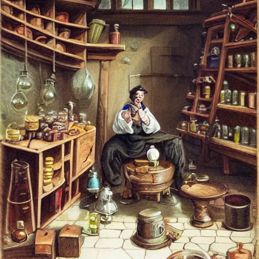 Image similar to An alchemist sitting in his workshop creating potions and formulas