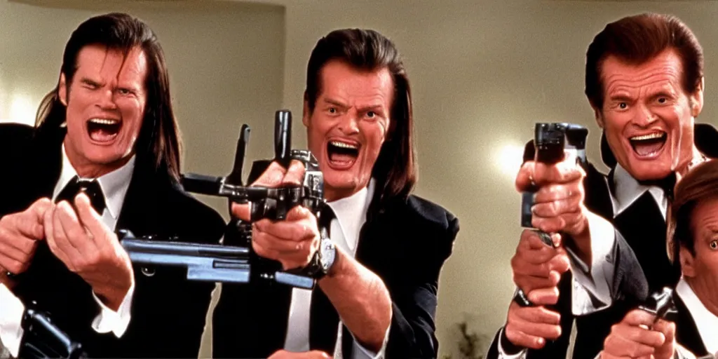 Prompt: still frame of Geena Davis, Roger Moore and Jim Carrey in Pulp Fiction laughing hysterically at a tiny gun