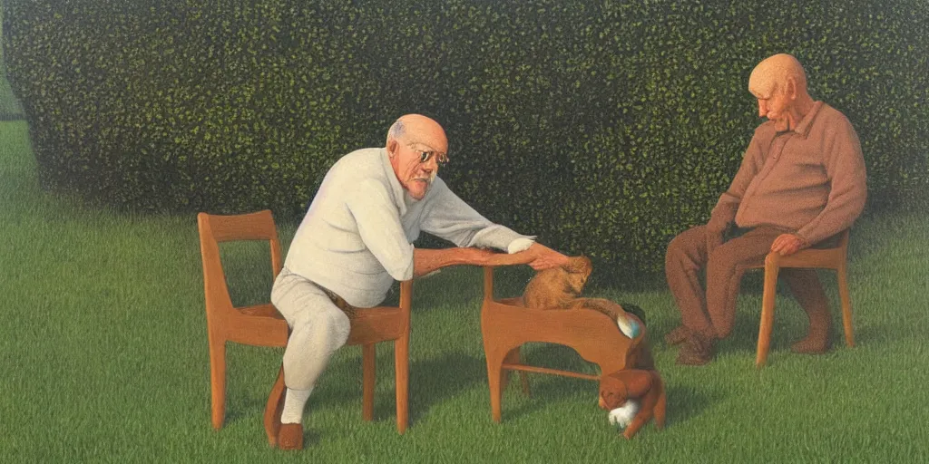 Image similar to the old man sat on the chair with the cat in his arms, in the garden, serene, by david inshaw