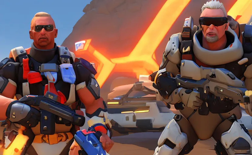 Prompt: the rock as soldier 7 6 in overwatch, in game screenshot