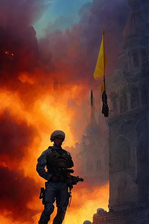 Prompt: special forces soldier with ukrainian blue and yellow flag watching red square burn, masculine figure, d & d, fantasy, bright atmosphere, volumetric lights, intricate, elegant, extremely detailed, digital painting, artstation, concept art, matte, smooth, sharp focus, hyper realistic, illustration, art by artgerm and greg rutkowski and alphonse mucha