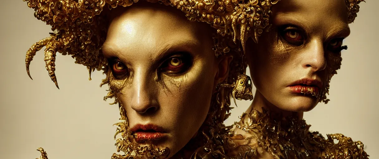 Image similar to hyperrealist highly detailed neo-baroque portrait of high fashion monster concept art pascal blanche dramatic studio lighting 8k wide angle shallow depth of field