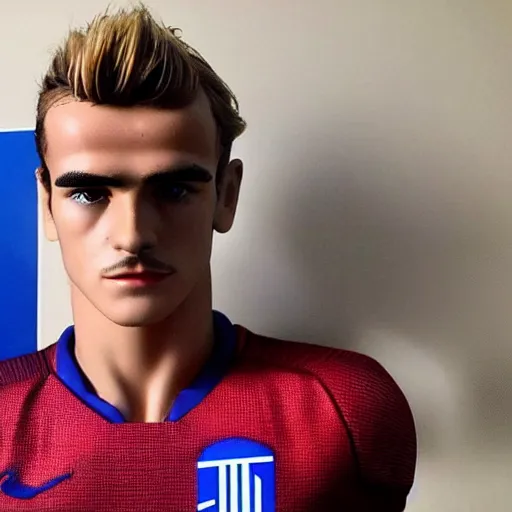 Image similar to “ a realistic detailed photo of a guy who is an attractive humanoid who is half robot and half humanoid, who is a male android, soccer player antoine griezmann, shiny skin, posing like a statue, blank stare, on the bed, on display ”