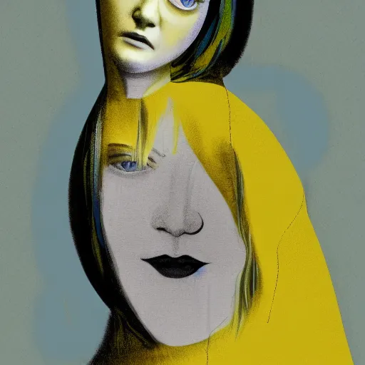 Image similar to Dakota Fanning with short blue hair wearing a yellow raincoat by Dave McKean
