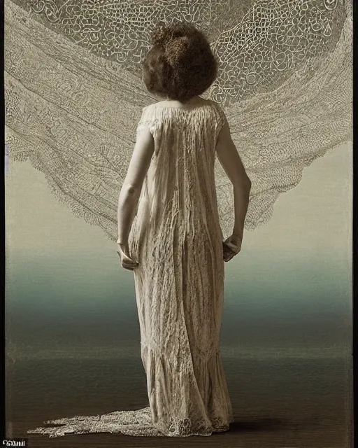 Image similar to a woman standing by the sea, made of intricate decorative lace leaf skeleton, in the style of the dutch masters and gregory crewdson, dark and moody