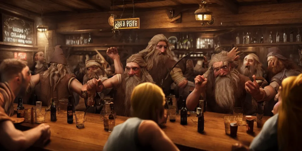 Image similar to a photo of a bar fight inside a pub between hobbits and dwarves and elves, detailed faces, accurate faces, 4k, hyperrealism, editorial, photorealistic, crisp details, sharp focus, wide angle lens, octane render, caustics