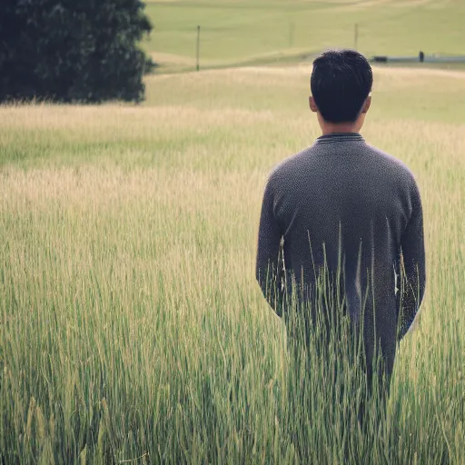 Image similar to A man intensely staring at gras, XF IQ4, 150MP, 50mm, F1.4, ISO 200, 1/160s, natural light