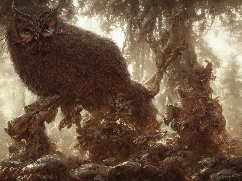 Prompt: owlbear, forest, intricate, beautiful, highly detailed, elegant, artstation, concept art, smooth and sharp focus, rpg artwork, illustration, painting, gaston bussiere, art adams, craig mullins, j. c. leyendecker, rene maritte, tian zi, wlop, alsphonse mucha, artgerm