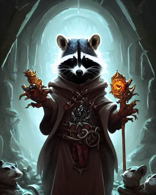 Image similar to anthropomorphic hooded necromancer raccoon casting a spell in a dungeon, deep focus, d & d, fantasy, intricate, elegant, highly detailed, digital painting, artstation, concept art, matte, sharp focus, illustration, hearthstone, art by artgerm and greg rutkowski and alphonse mucha