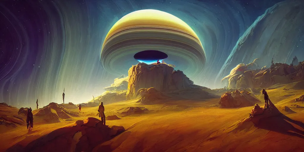 Prompt: pilgrimage to saturn, a highly detailed cinematic oil painting by roger dean and alena aenami, dynamic lighting