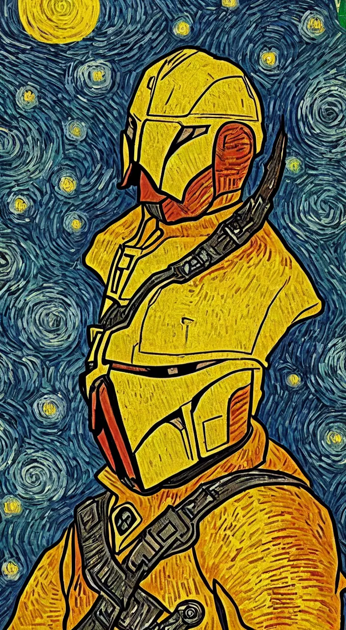 Image similar to Vincent Van Gogh style, the Mandalorian,