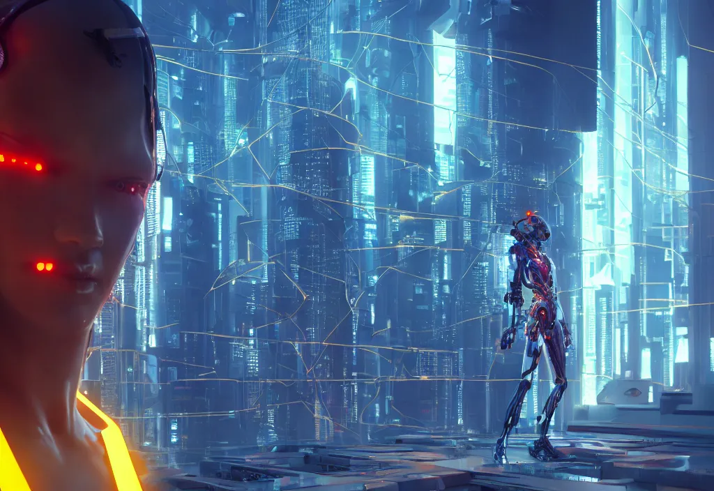 Prompt: shot of film by cyberpunk syle, human like a cyborg full body in detailed data center, character design, symmetrical, strong, powerful, complementary color, golden ratio, detailed, sharp lines, trending on artstation, volumetric lighting, by yoichi hatakenaka, by masamune shirow, by josan gonzales, octane render