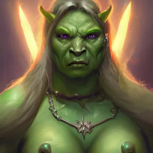 Prompt: a full character portrait of a toned physique green orc woman with a ponytail in full plate armor, world of warcraft, by greg rutkowski, wlop, astri lohne, wei wang, trending on artstation