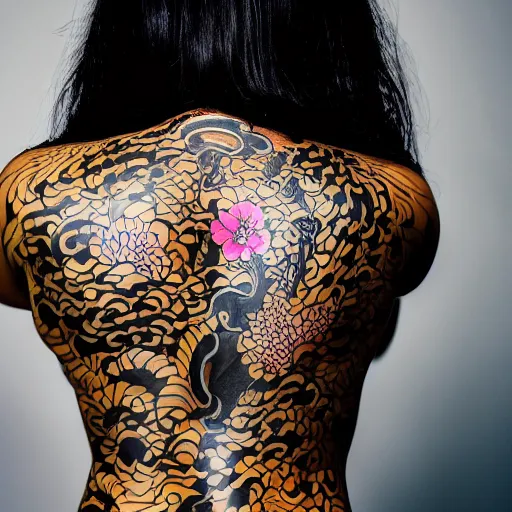 Image similar to photography of the back of a woman with a black detailed irezumi tatto representing a gold tiger with pink flowers on her entire back, dark hangar background, mid-shot, editorial photography