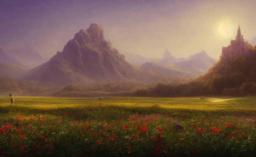 Image similar to beautiful flower field with a lone castle in the distance, close up shot, rocky, at dusk, distant mountains, 4k, rule of thirds, extreme detail, hazy, intricate ink illustration, surreal, surrealist, trending on artstation, cgsociety, hd, calm, complimentary colours, realistic lighting, by Albert Bierstadt, Frederic Edwin Church.