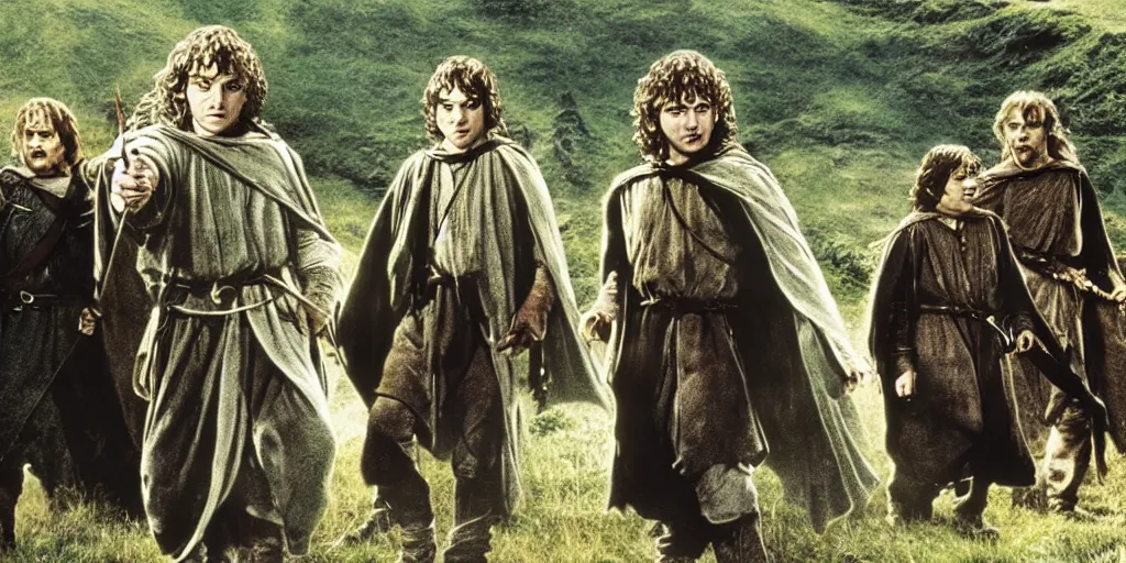 Image similar to the lord of the rings but frodo is the tallest among the fellowship promo shot from movie by peter jackson