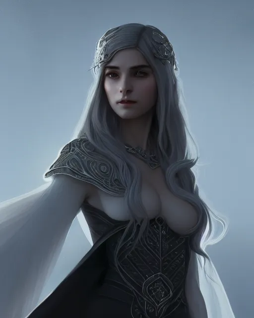 Image similar to portrait, beautiful male elf, long hair, elegant, super detailed, light black dress with silver accenting, silver very ornate jewelry, cape, 8 k, cinematic, backlight, octane render, dusk, sky, warm lighting, artstation, greg rutkowski, rossdraws, william bouguereau, sharp focus